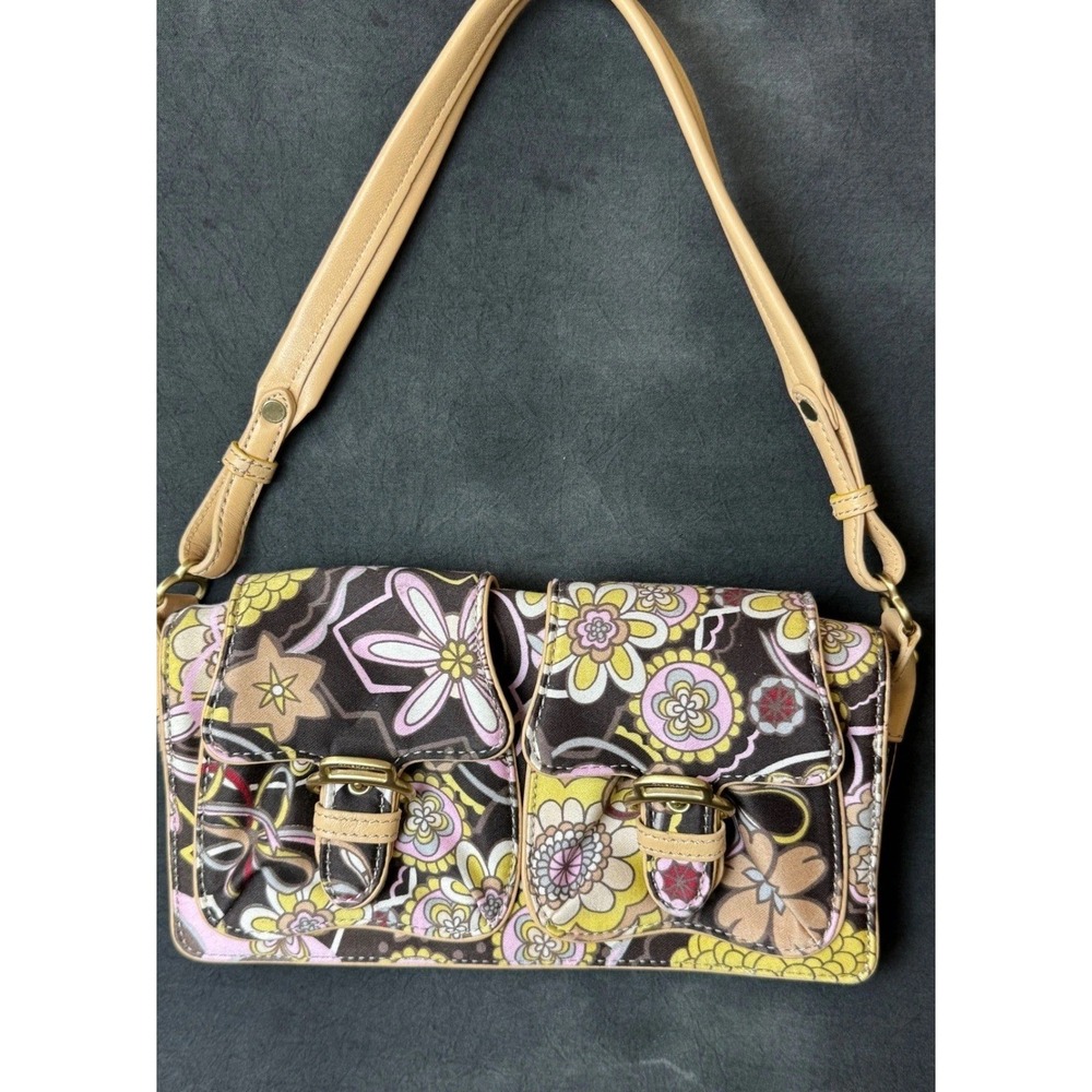 Cole Haan Floral Canvas Shoulder Bag Tan Leather Trim Y2K Baguette Cargo Pockets